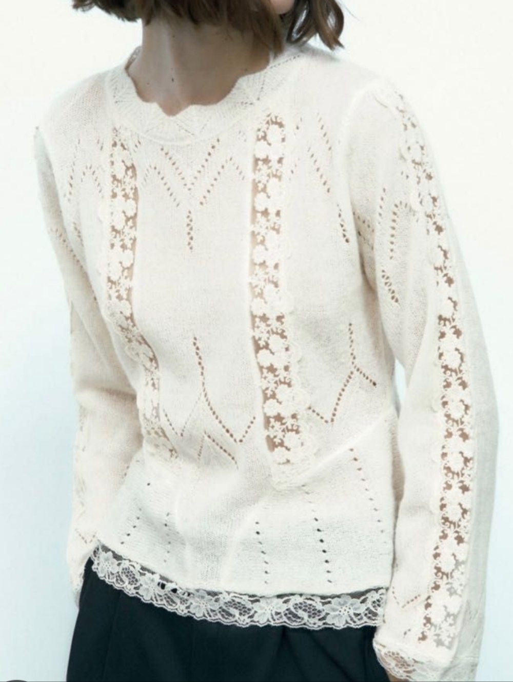 Zara Cream Pointelle Knit Lace Trim Coquette Feminine Long Sleeve Sweater